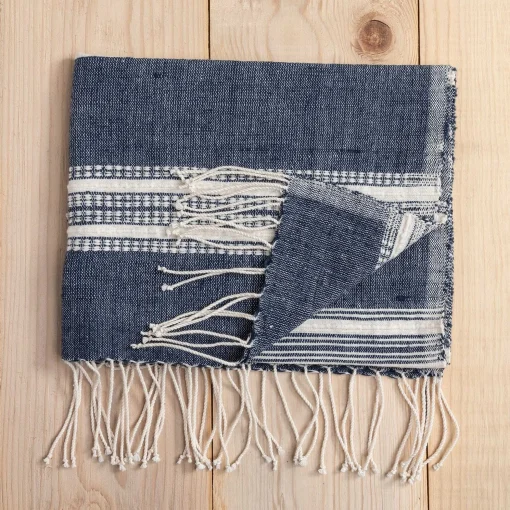 Aden Cotton Hand Towel, Navy with Natural