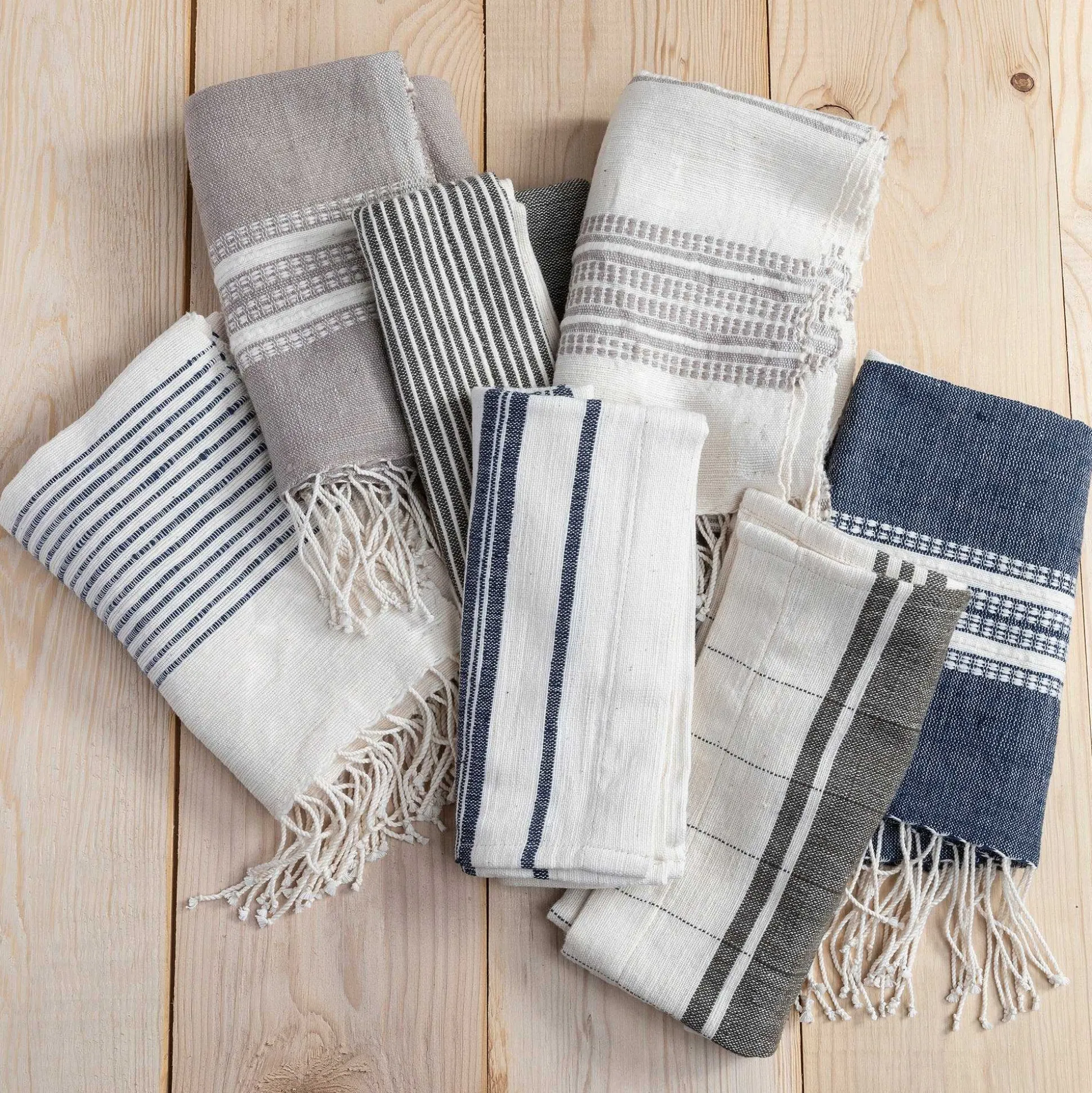 Aden Cotton Hand Towel, Natural with Navy