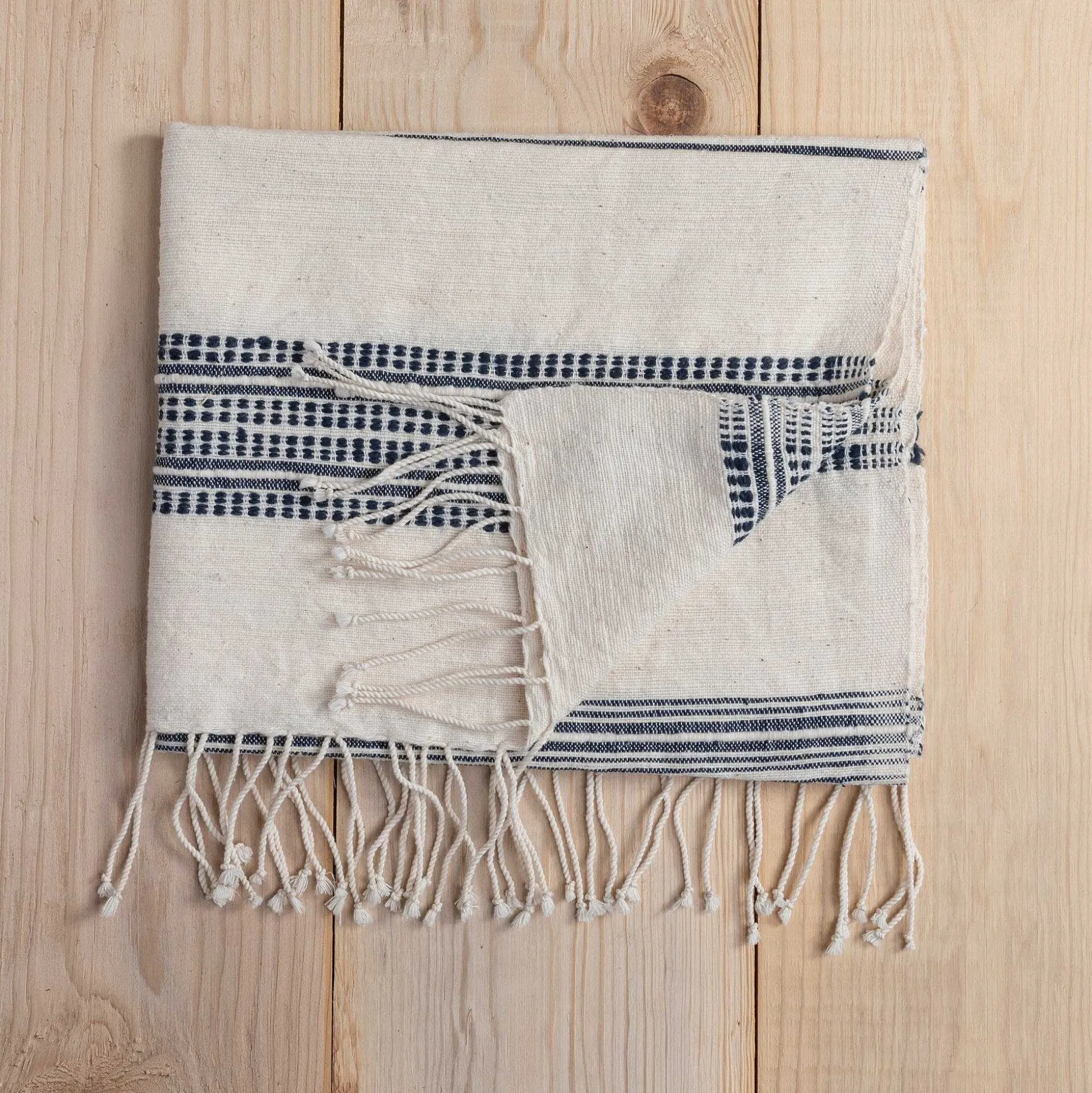 Aden Cotton Hand Towel, Natural with Navy