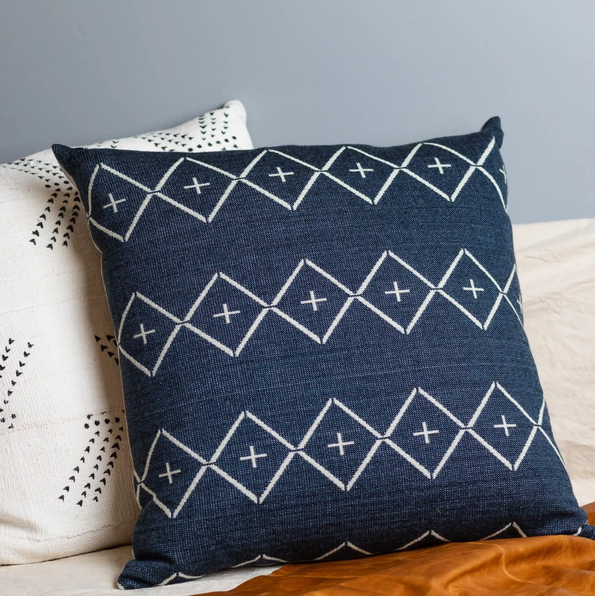 Alpaca Square Pillow, Navy with Diamond & Plus^Be Home Store