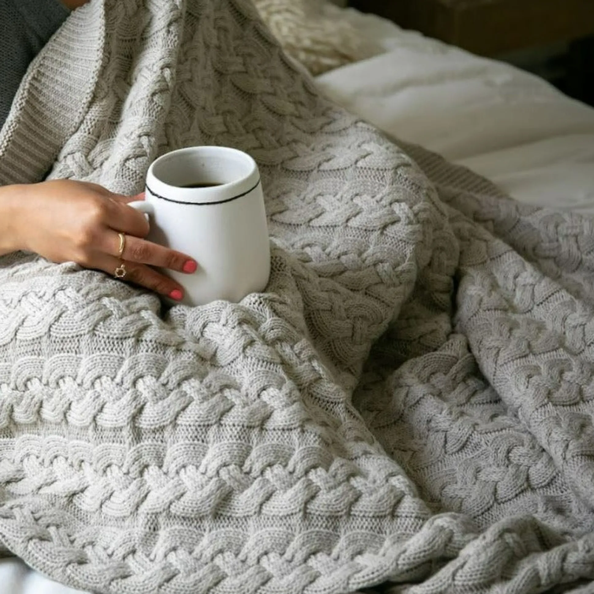 Belmont Double Cable Knit Throw, Linen^Be Home Store