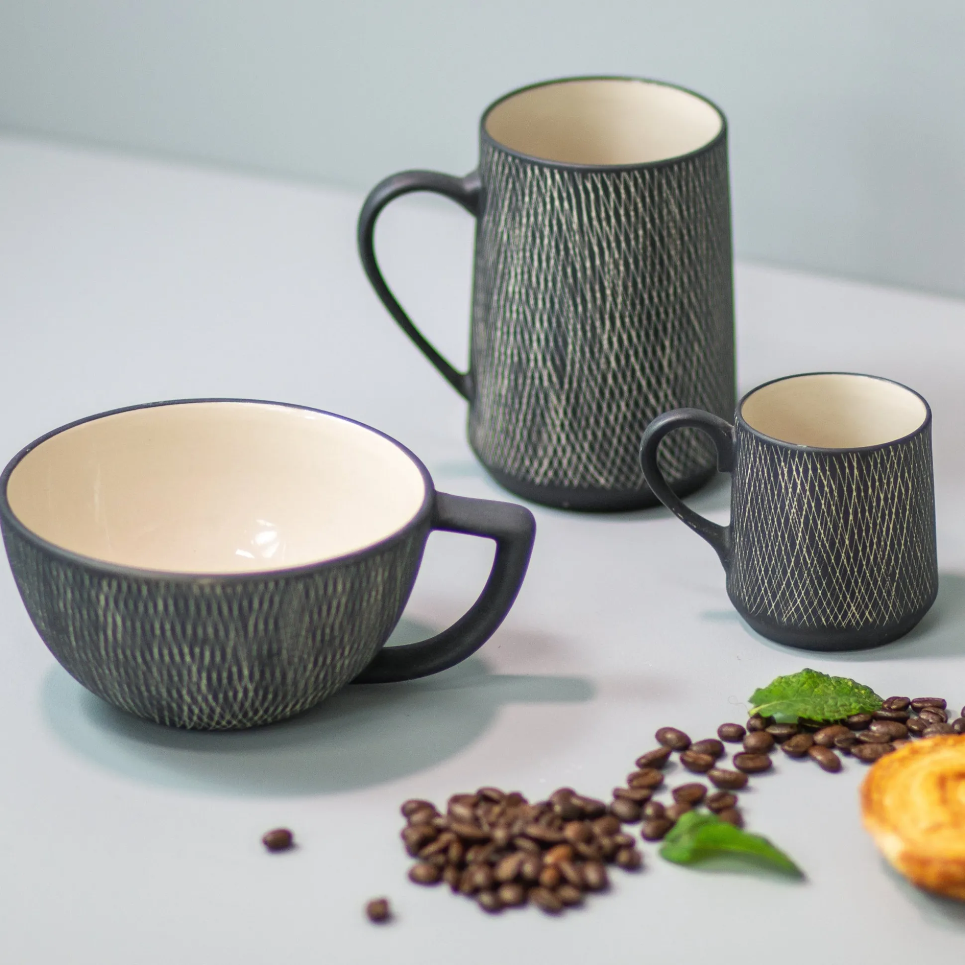 Black Crosshatch Mugs, Set of 4^Be Home Best Sale