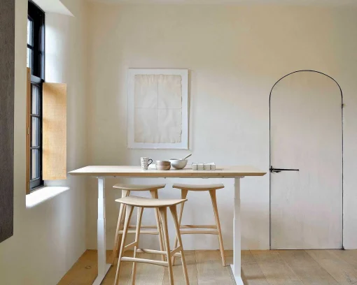 Bok Adjustable Solid Oak Desk, White Base, 79"