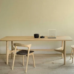 Bok Solid Oak Dining Chair, Varnished with Dark Brown Fabric Cushion