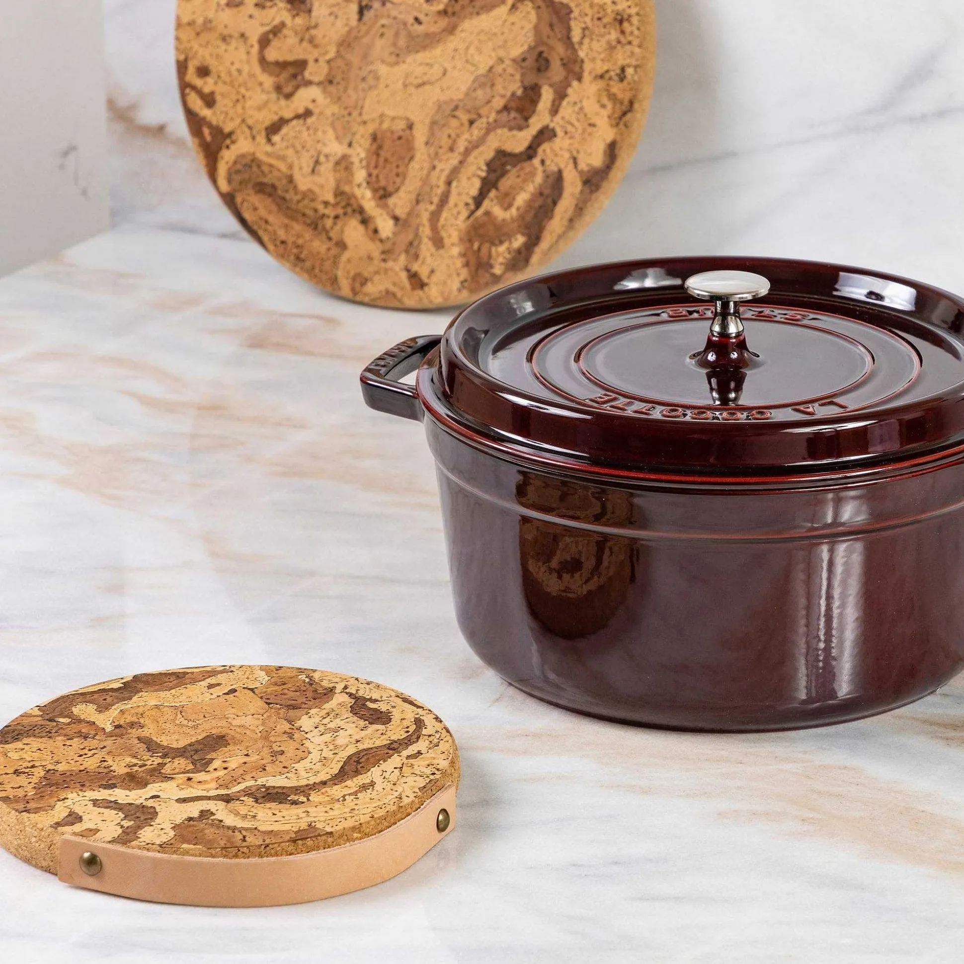 Cork Trivet with Leather Handle, Large