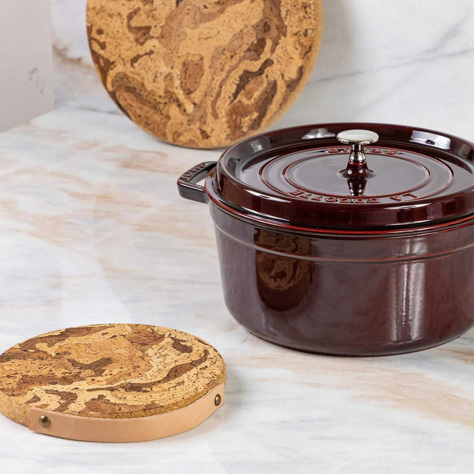 Cork Trivet with Leather Handle, Small