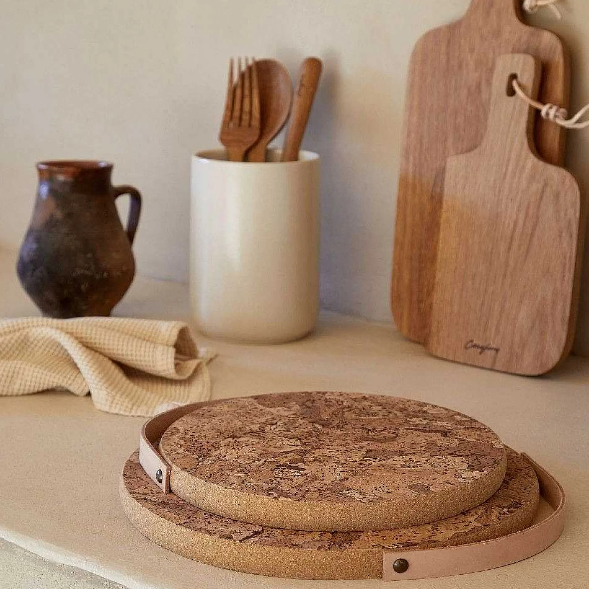 Cork Trivet with Leather Handle, Medium