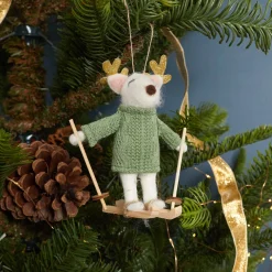 Felt Snow Deer Skier Ornament, Green Cable Knit Sweater^Be Home Fashion