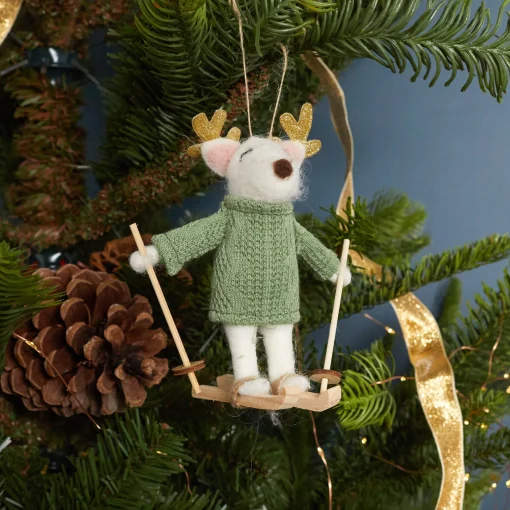 Felt Snow Deer Skier Ornament, Green Cable Knit Sweater^Be Home Fashion