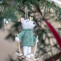 Felt Snow Deer Skier Ornament, Green Cable Knit Sweater^Be Home Fashion