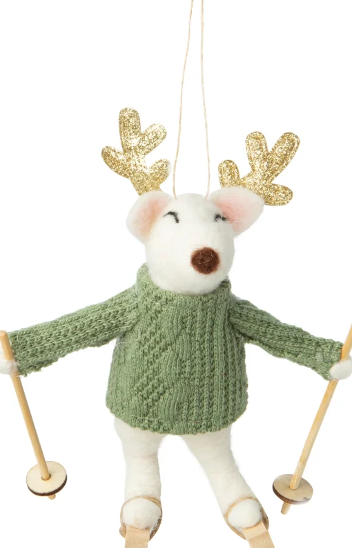 Felt Snow Deer Skier Ornament, Green Cable Knit Sweater^Be Home Fashion