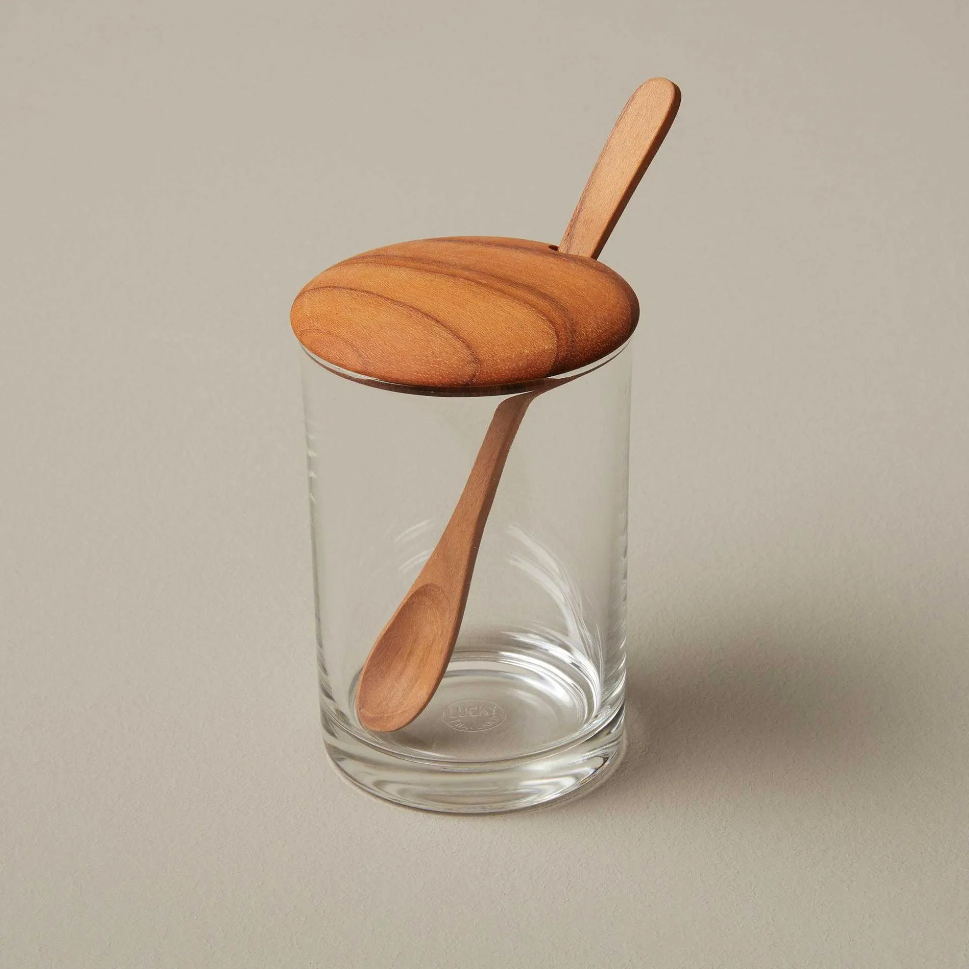 Glass Cellar with Teak Lid & Spoon