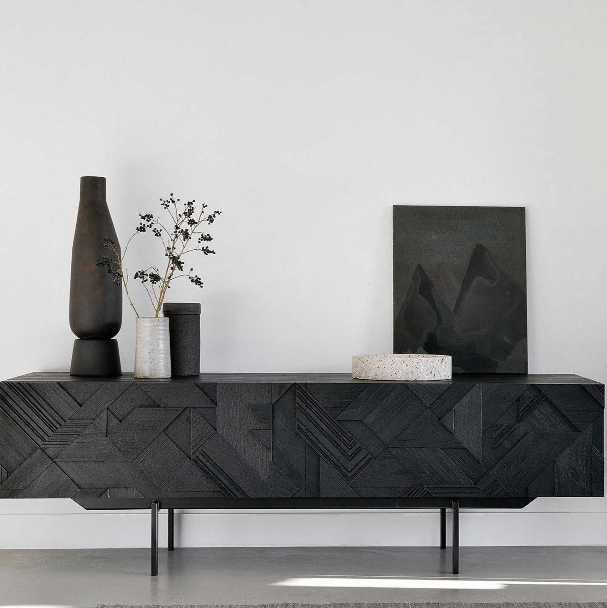 Graphic Solid Black Teak Media Console, 63"