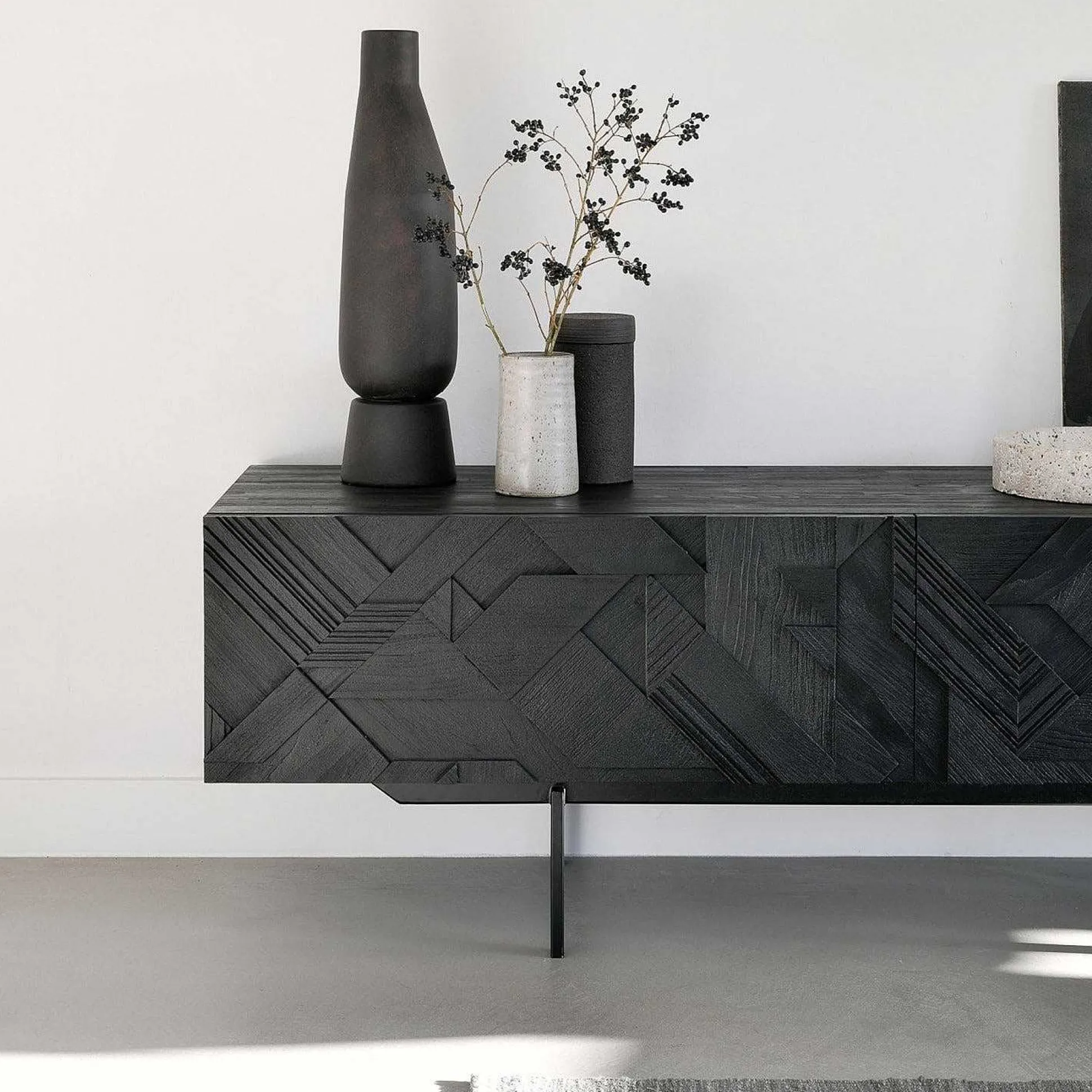 Graphic Solid Black Teak Media Console, 63"