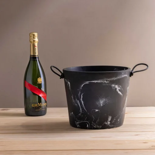 Handmade Resin Champagne Bucket with Leather Handles, Black Marble
