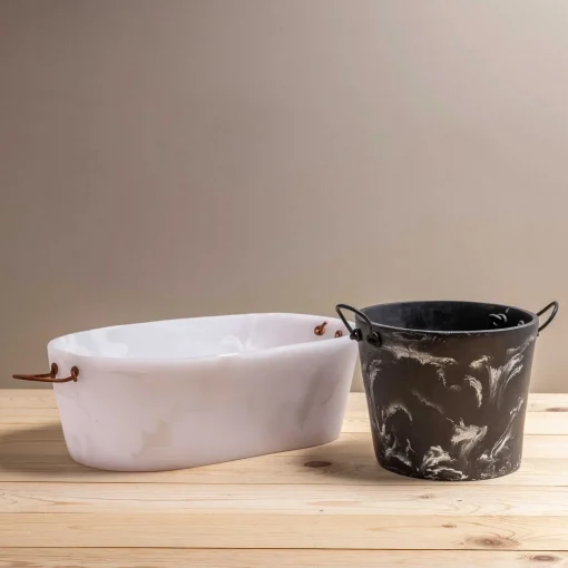 Handmade Resin Champagne Bucket with Leather Handles, Black Marble