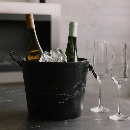 Handmade Resin Champagne Bucket with Leather Handles, Black Marble