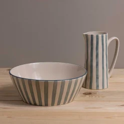 Hand-Painted Stoneware Serving Bowl with Stripes