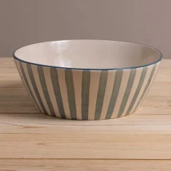 Hand-Painted Stoneware Serving Bowl with Stripes