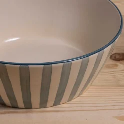 Hand-Painted Stoneware Serving Bowl with Stripes