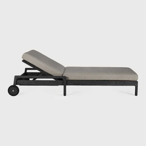 Jack Solid Black Teak Outdoor Adjustable Lounger, Mocha Fabric