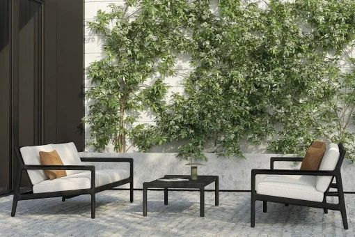 Jack Solid Black Teak Outdoor 3 Seater Sofa, Off White Fabric