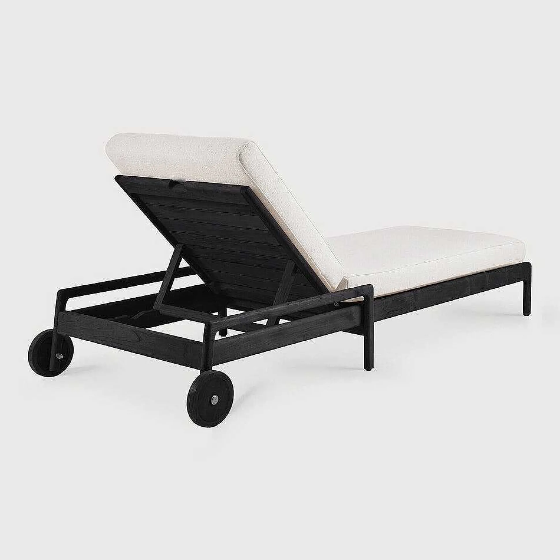 Jack Solid Black Teak Outdoor Adjustable Lounger, Off White Fabric