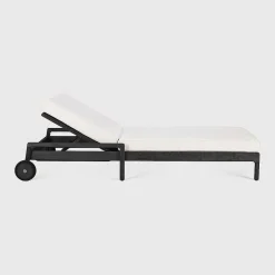 Jack Solid Black Teak Outdoor Adjustable Lounger, Off White Fabric