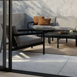 Jack Solid Black Teak Outdoor Lounge Chair, Mocha Fabric