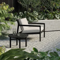 Jack Solid Black Teak Outdoor Lounge Chair, Off White Fabric