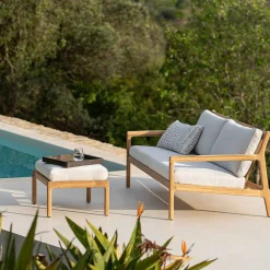 Jack Solid Teak Outdoor 2 Seater Sofa, Off White Fabric