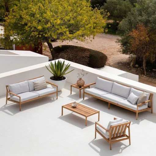 Jack Solid Teak Outdoor 3 Seater Sofa, Off White Fabric