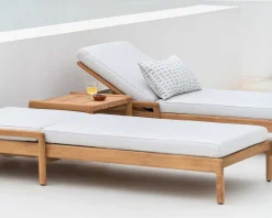 Jack Solid Teak Outdoor Adjustable Lounger, Off White Fabric