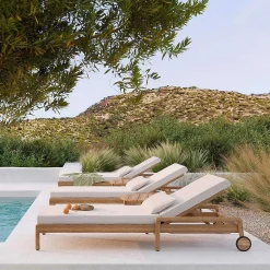 Jack Solid Teak Outdoor Adjustable Lounger, Off White Fabric