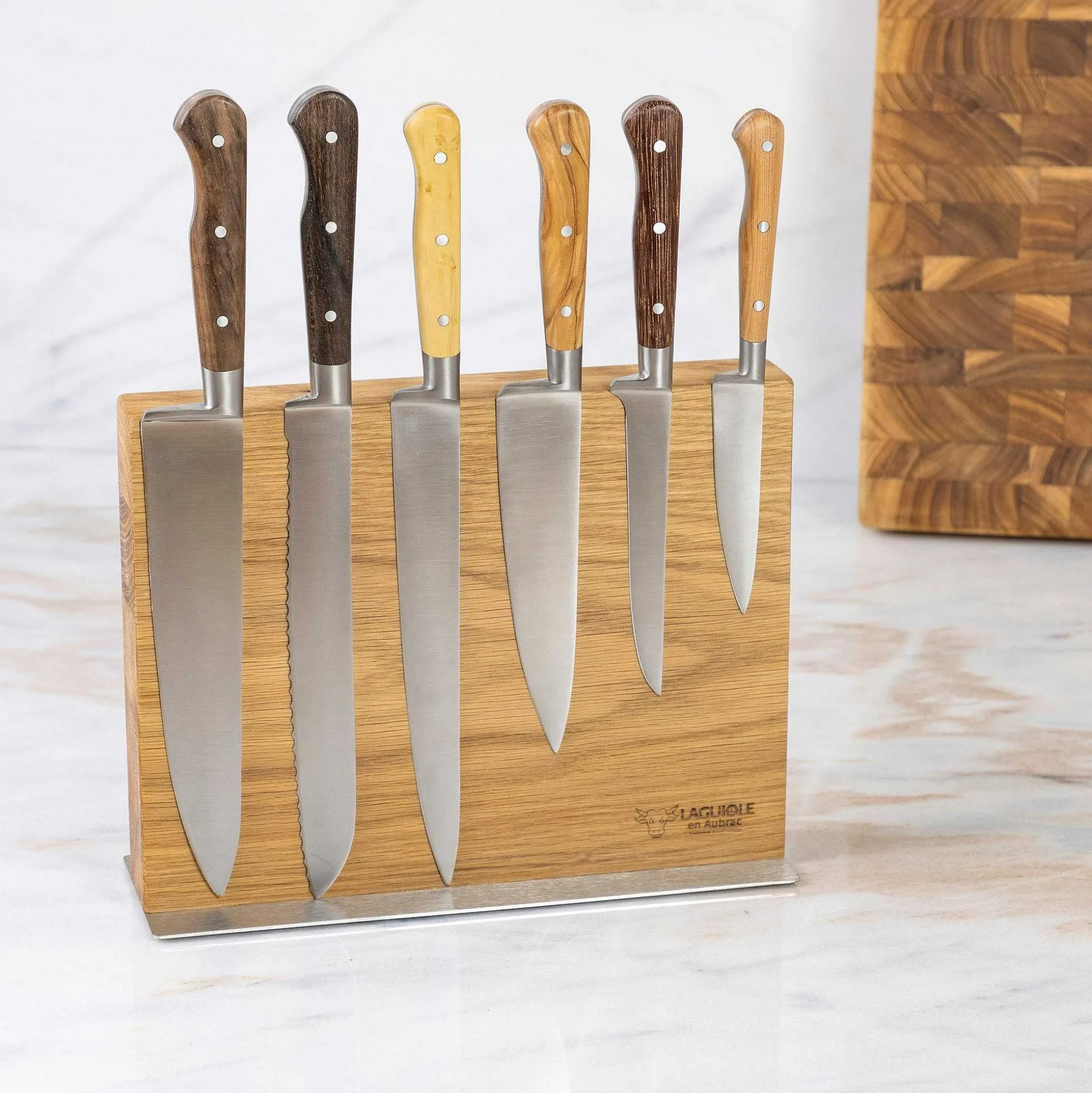 Laguiole en Aubrac Kitchen Knives with Oak Block, Set of 6, Mixed Wood