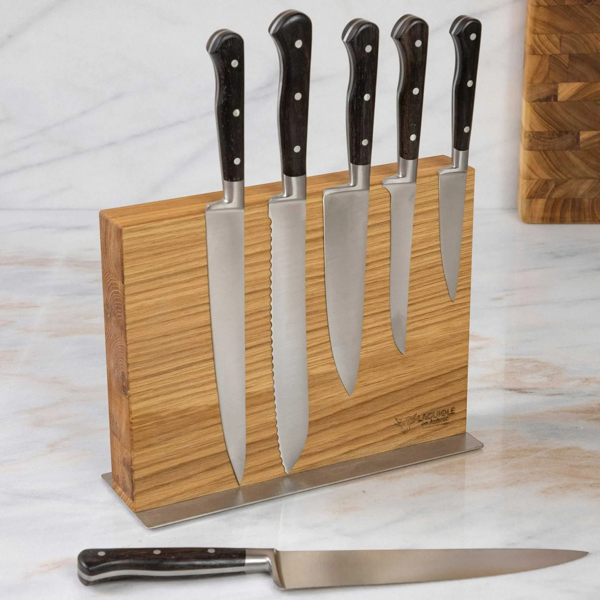 Laguiole en Aubrac Kitchen Knives with Oak Block, Set of 6, Ebony