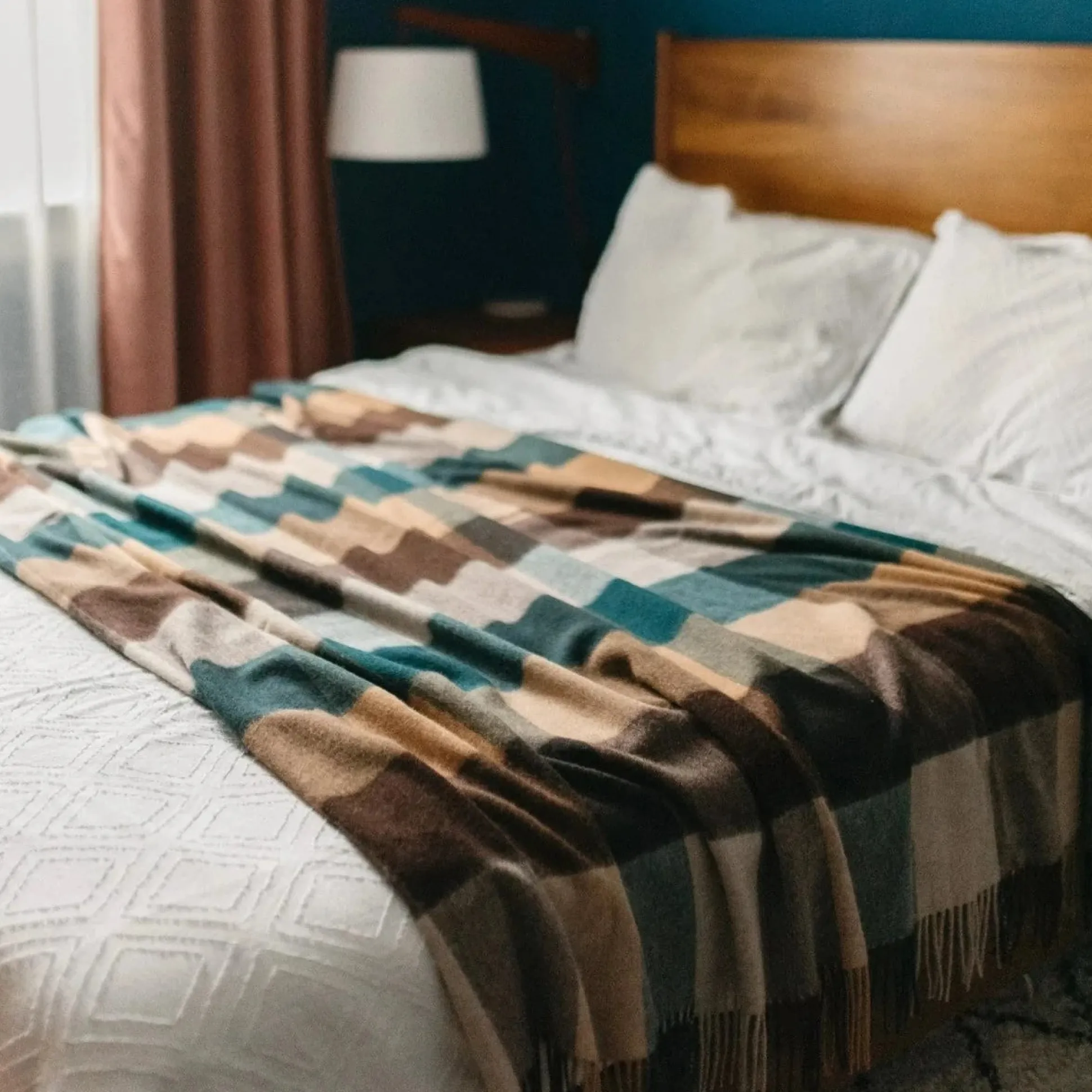 Lambswool Blanket in Teal Block Check^Be Home Cheap