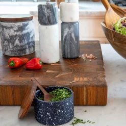 Marbled Cement & Acacia Canister, Black