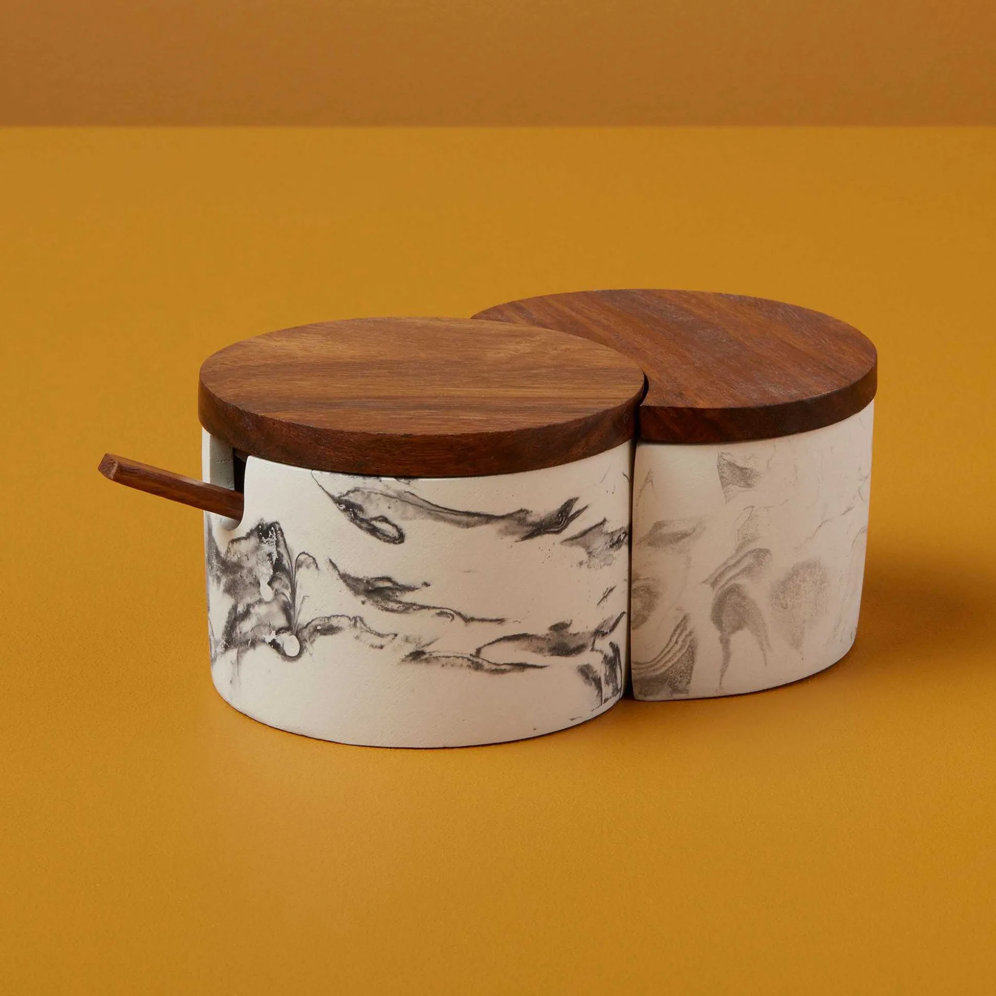 Marbled Cement Interlocking Cellar Set with Wood Lid and Spoon, Black/