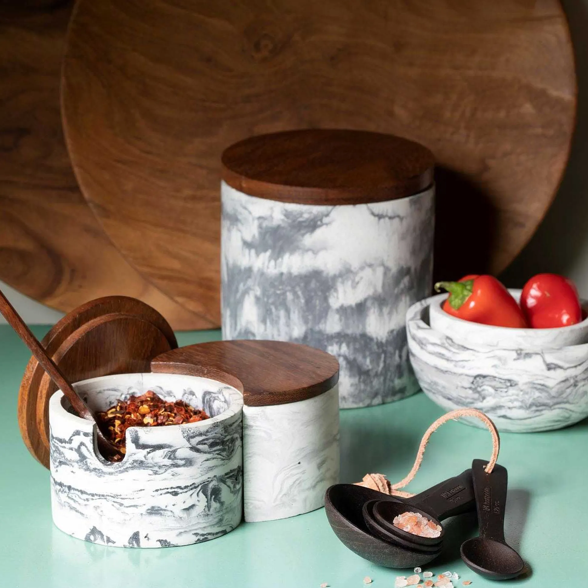 Marbled Cement Interlocking Cellar Set with Wood Lid and Spoon, Black/