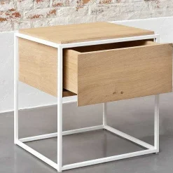 Monolit Solid Oak Bedside Table with White Metal