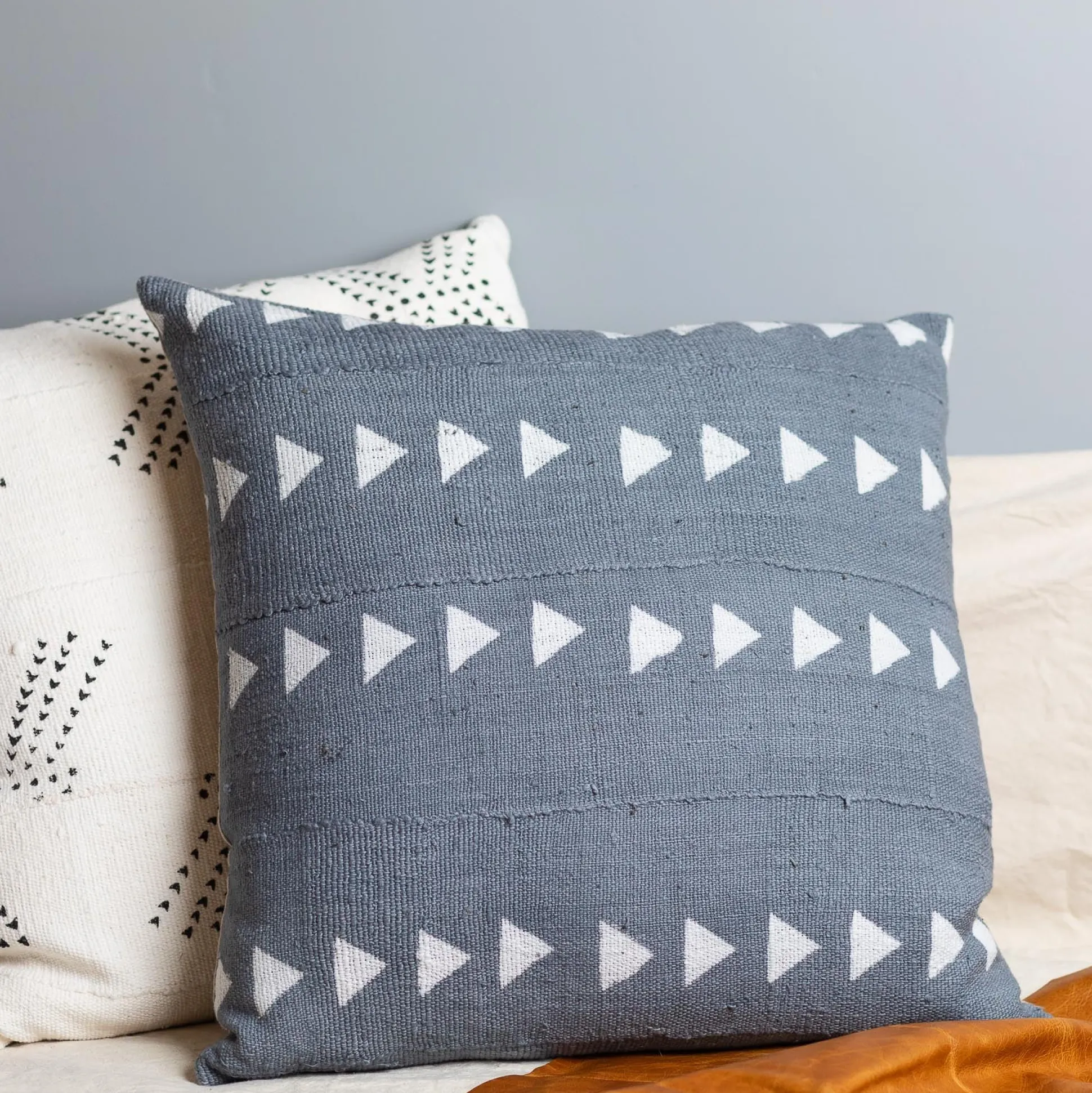 Mud Cloth Square Pillow, Blue / Grey with Triangles^Be Home Online