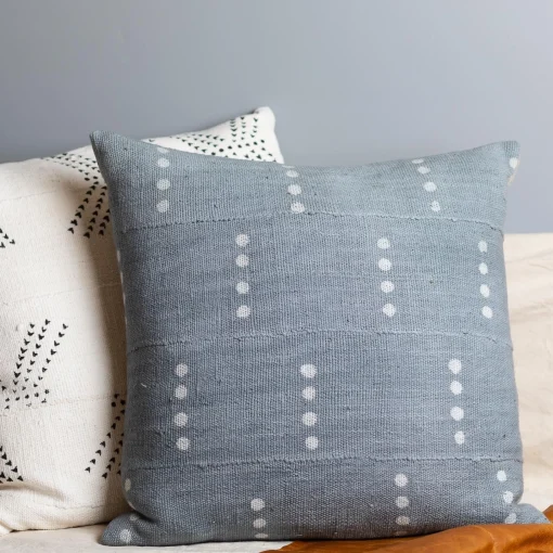 Mud Cloth Square Pillow, Blue / Grey with Dots^Be Home Sale