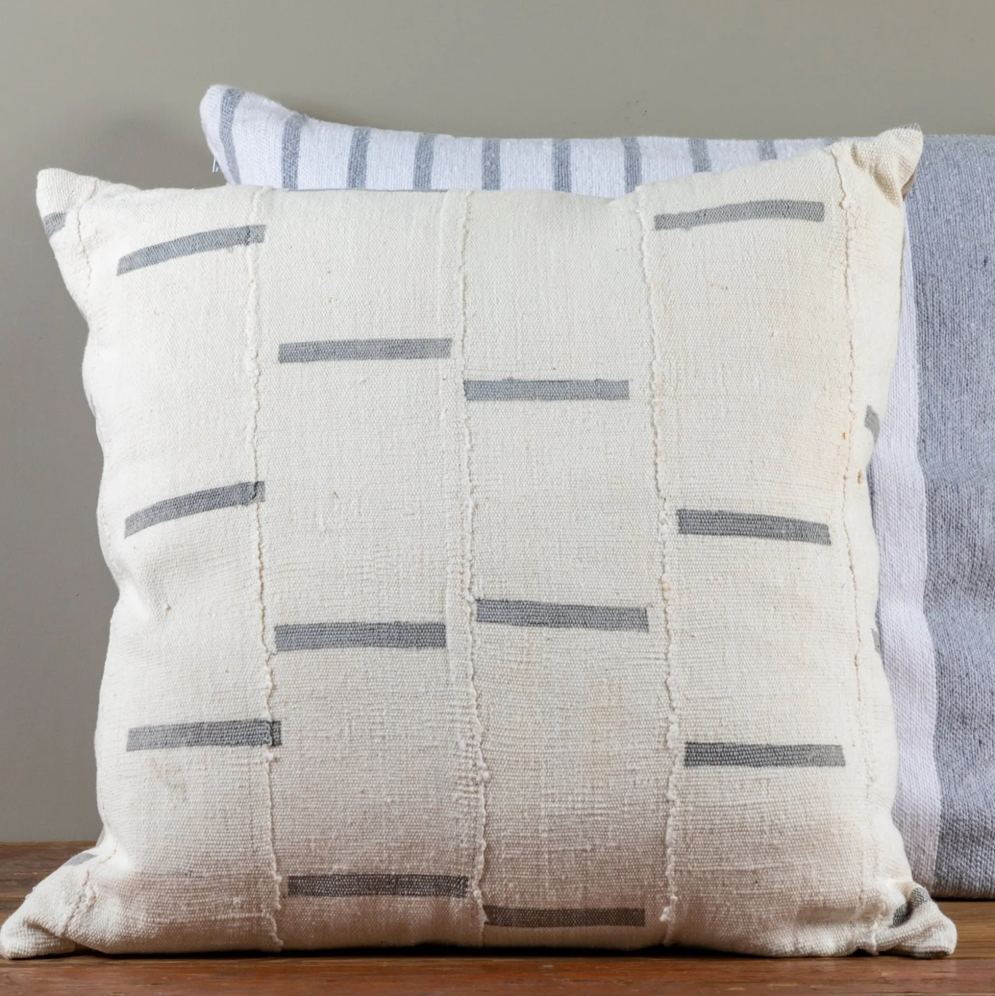 Mud Cloth Square Pillow, White with Grey Dashes^Be Home Outlet