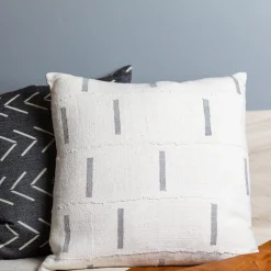 Mud Cloth Square Pillow, White with Grey Dashes^Be Home Outlet