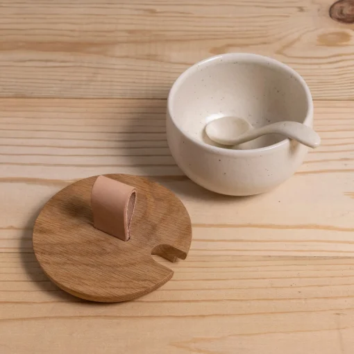 Pacifica Sugar Bowl with Oak Lid & Spoon, Vanilla^Be Home Hot