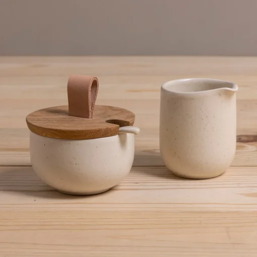 Pacifica Sugar Bowl with Oak Lid & Spoon, Vanilla^Be Home Hot