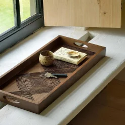 Rectangular Walnut Glass Linear Squares Tray, Medium