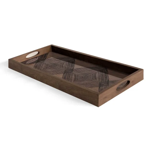 Rectangular Walnut Glass Linear Squares Tray, Medium