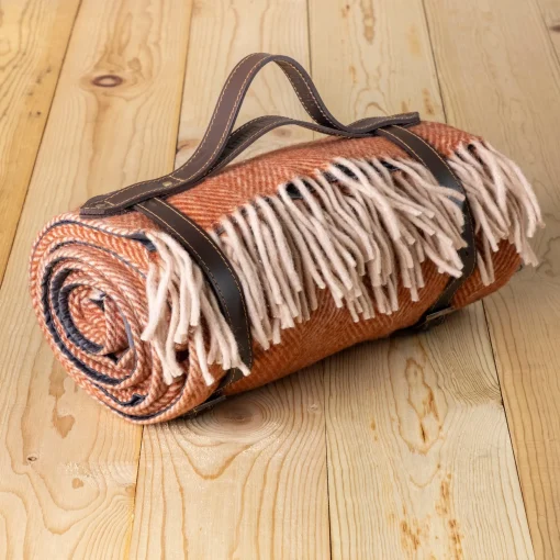 Recycled Wool Waterproof Picnic Blanket in Rust Herringbone - Brown Le^Be Home Best